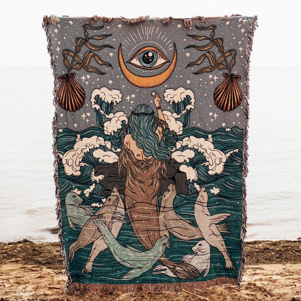 the pine torch woven fringe blanket selkie woman mermaid seal handmade ocean